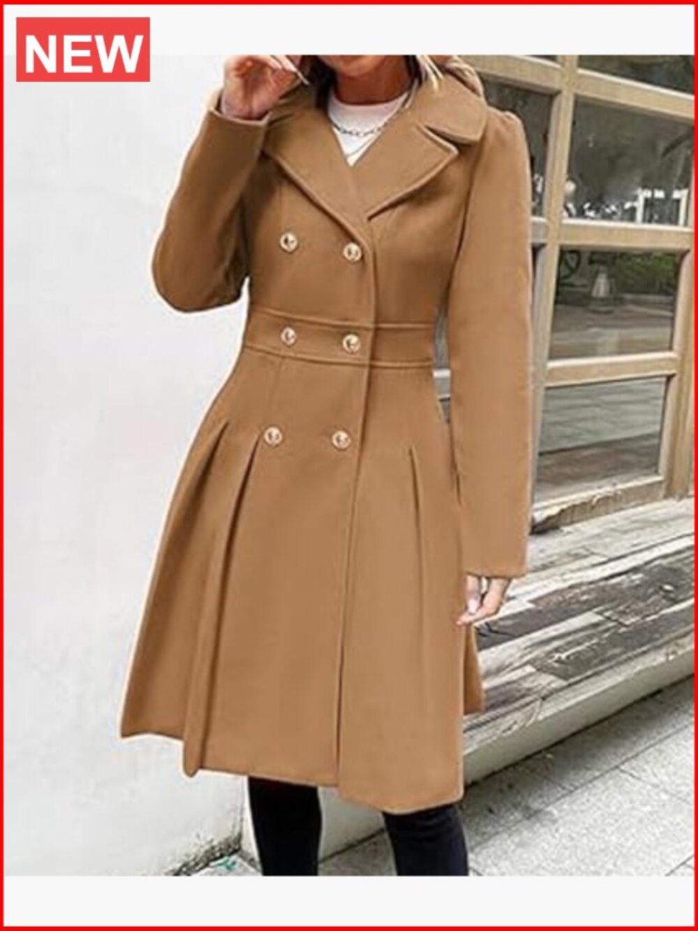 Double Breasted Pea Coat Notch Lapel A-Line Flared Pleated Wool Blend with - Picture 2 of 5
